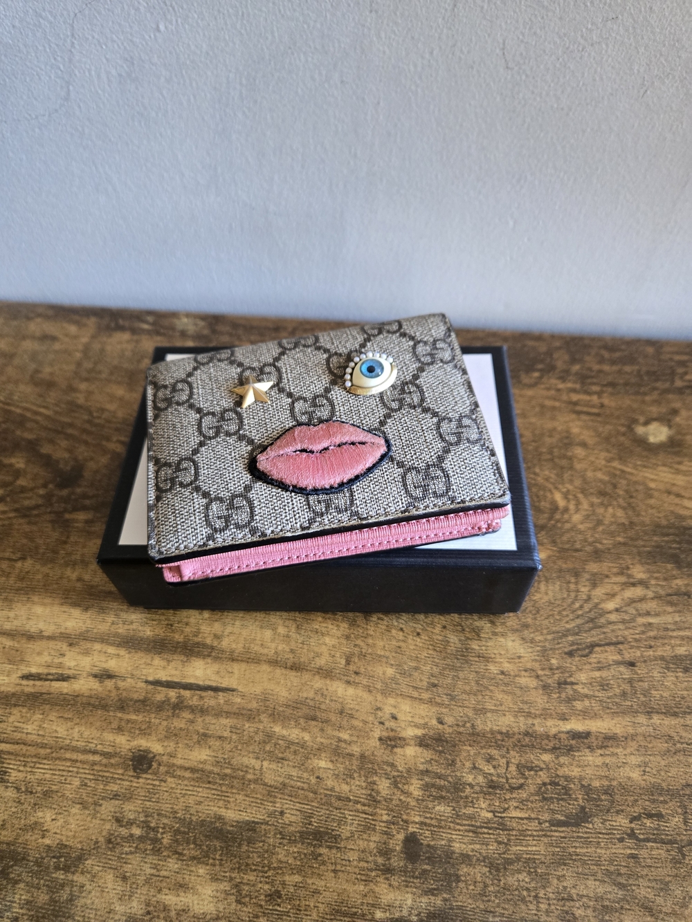 Gucci Beige Monogram Wallet with Pink Appliqué and Gold Star